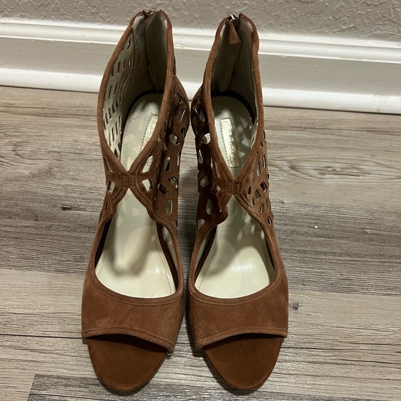 BCBG Camel Suede Peep Toe Ankle Heels - Picture 2 of 5